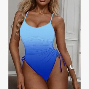 NEW Viottiset Size M Blue Ombré Gradient Ruched Side High Cut One Piece Swimsuit